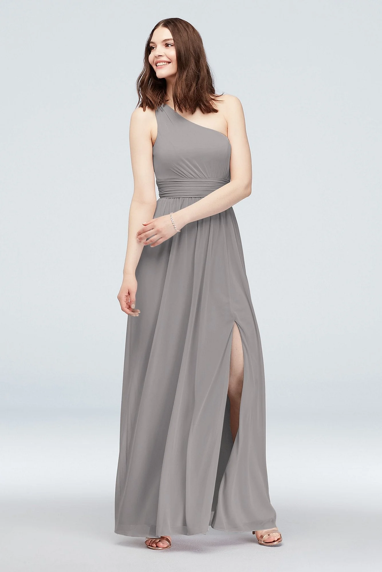 One Shoulder Ruched Waist Mesh Bridesmaid Dress - Image 94