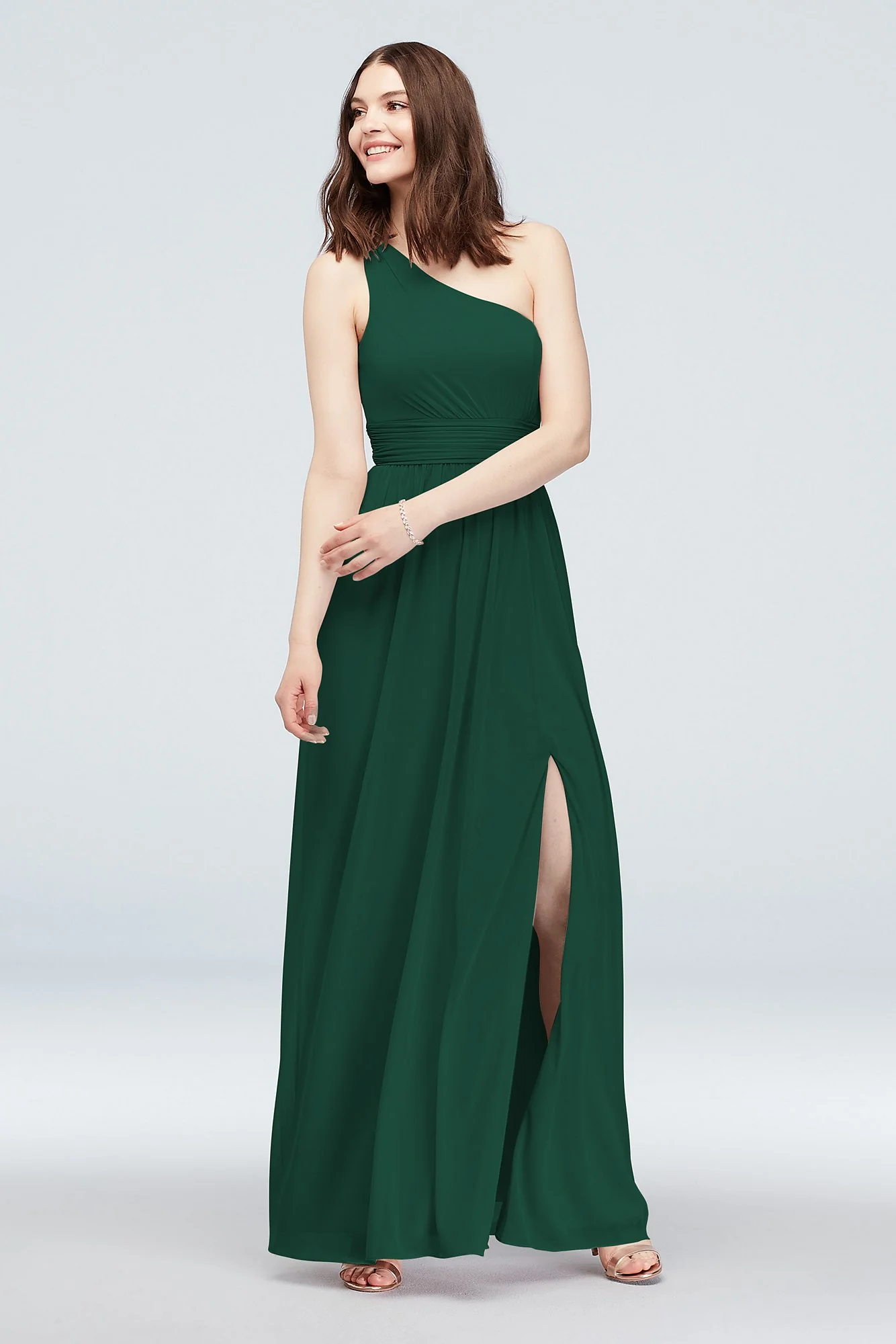 One Shoulder Ruched Waist Mesh Bridesmaid Dress - Image 95