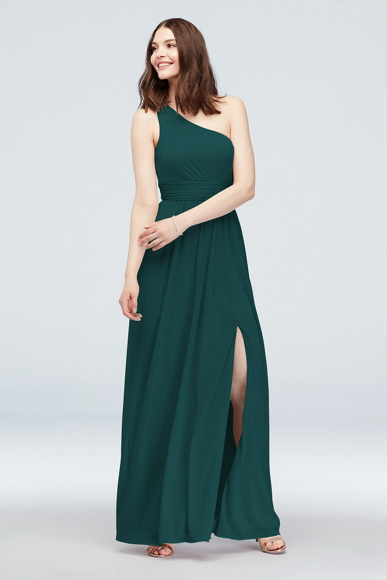 One Shoulder Ruched Waist Mesh Bridesmaid Dress - Image 96