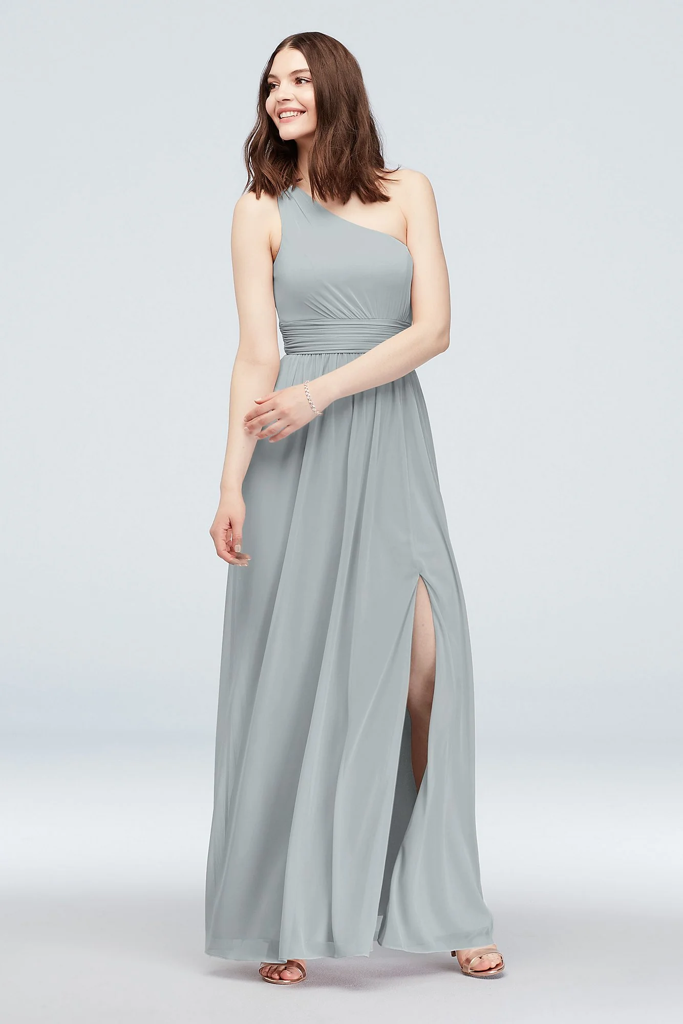 One Shoulder Ruched Waist Mesh Bridesmaid Dress - Image 98