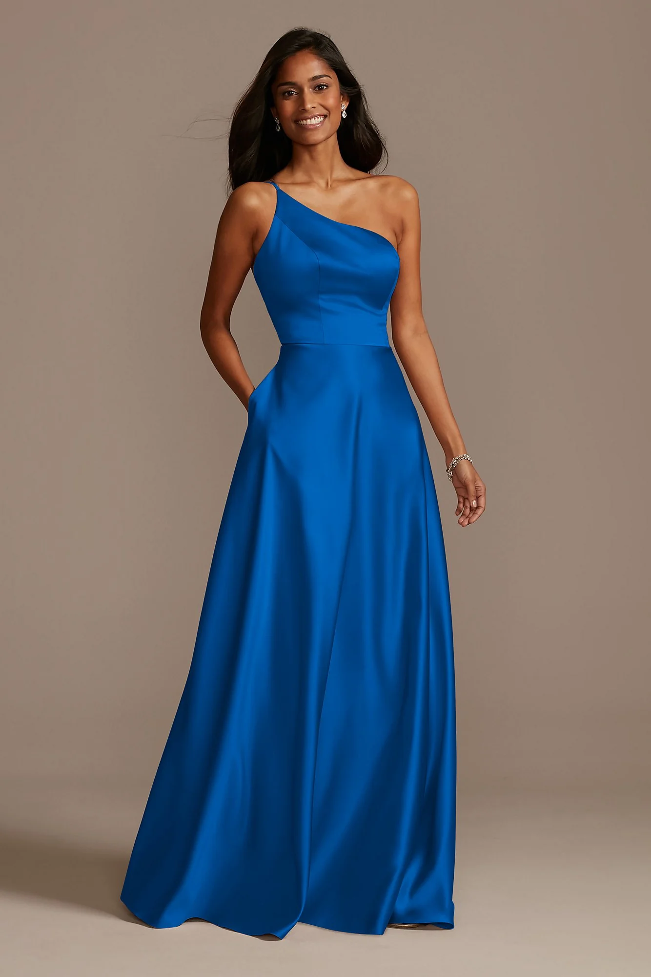 One Shoulder Satin A-Line Long Dress - Image 18