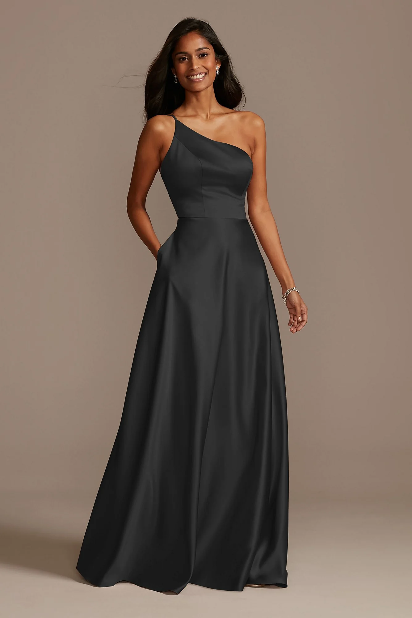 One Shoulder Satin A-Line Long Dress - Image 22