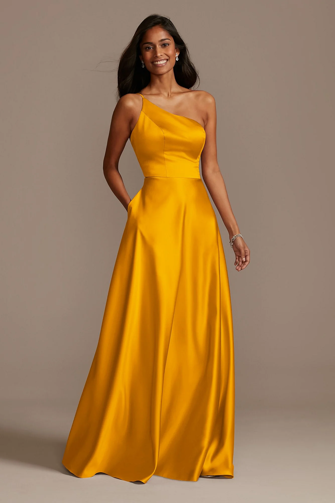 One Shoulder Satin A-Line Long Dress - Image 23
