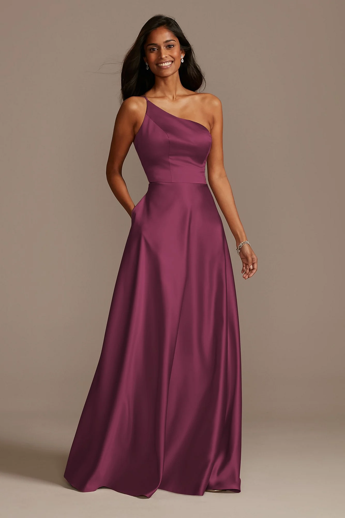 One Shoulder Satin A-Line Long Dress - Image 44