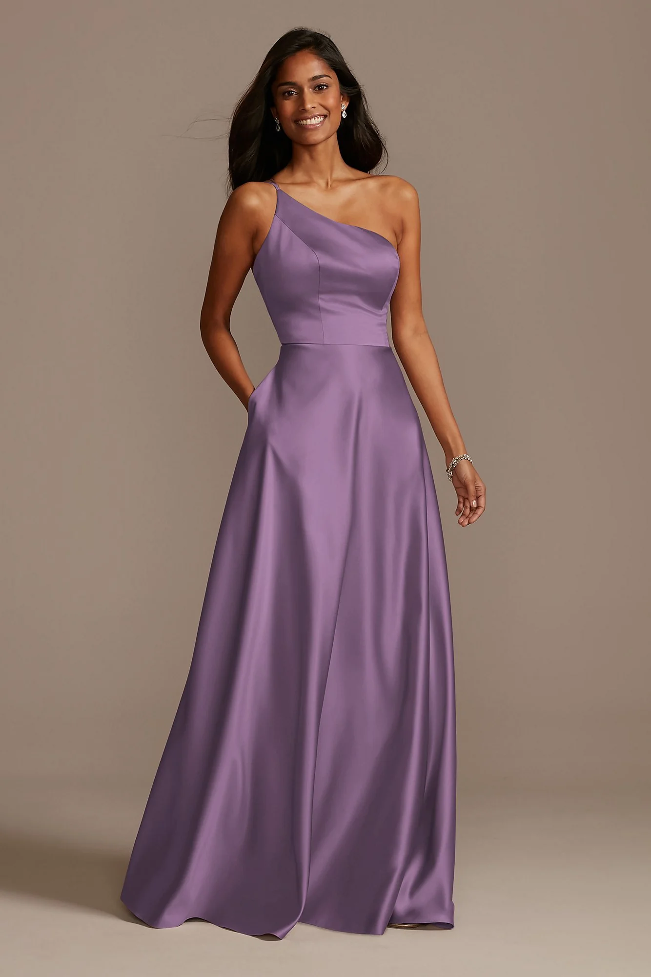One Shoulder Satin A-Line Long Dress - Image 45