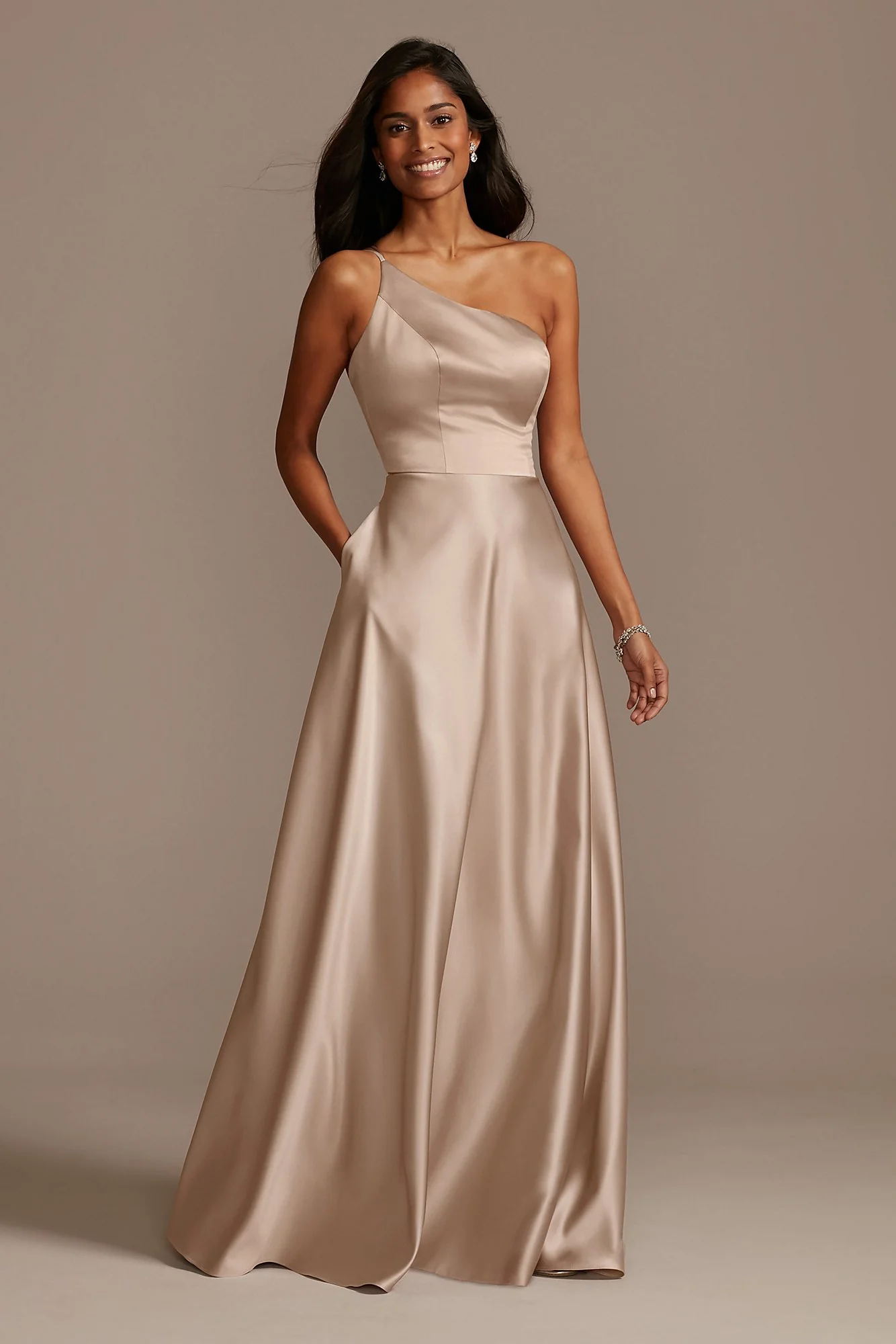 One Shoulder Satin A-Line Long Dress - Image 46