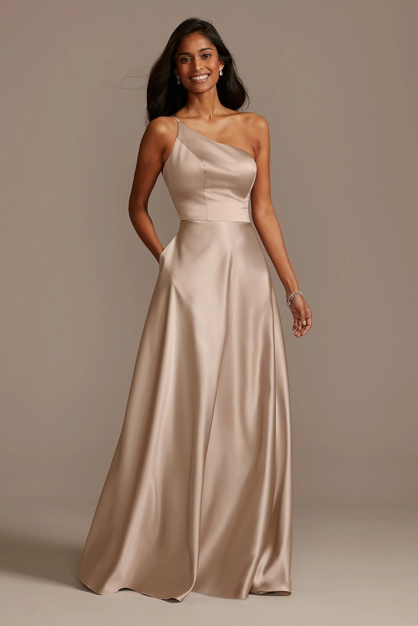 One Shoulder Satin A-Line Long Dress - Image 47