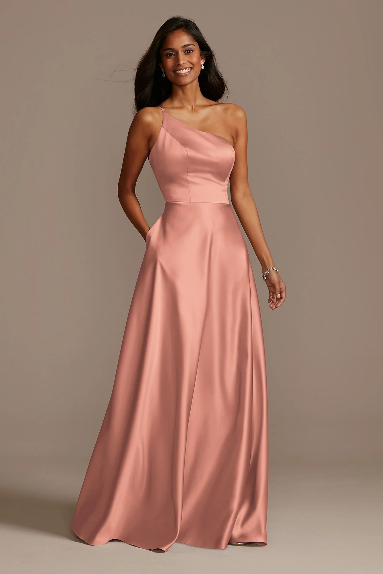 One Shoulder Satin A-Line Long Dress - Image 48