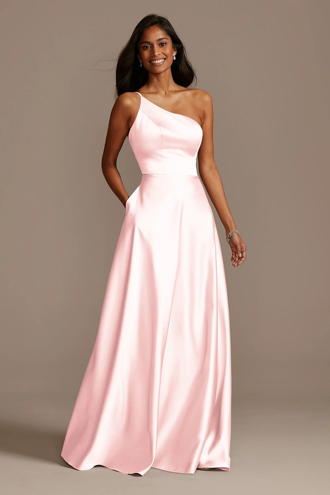 One Shoulder Satin A-Line Long Dress - Image 55