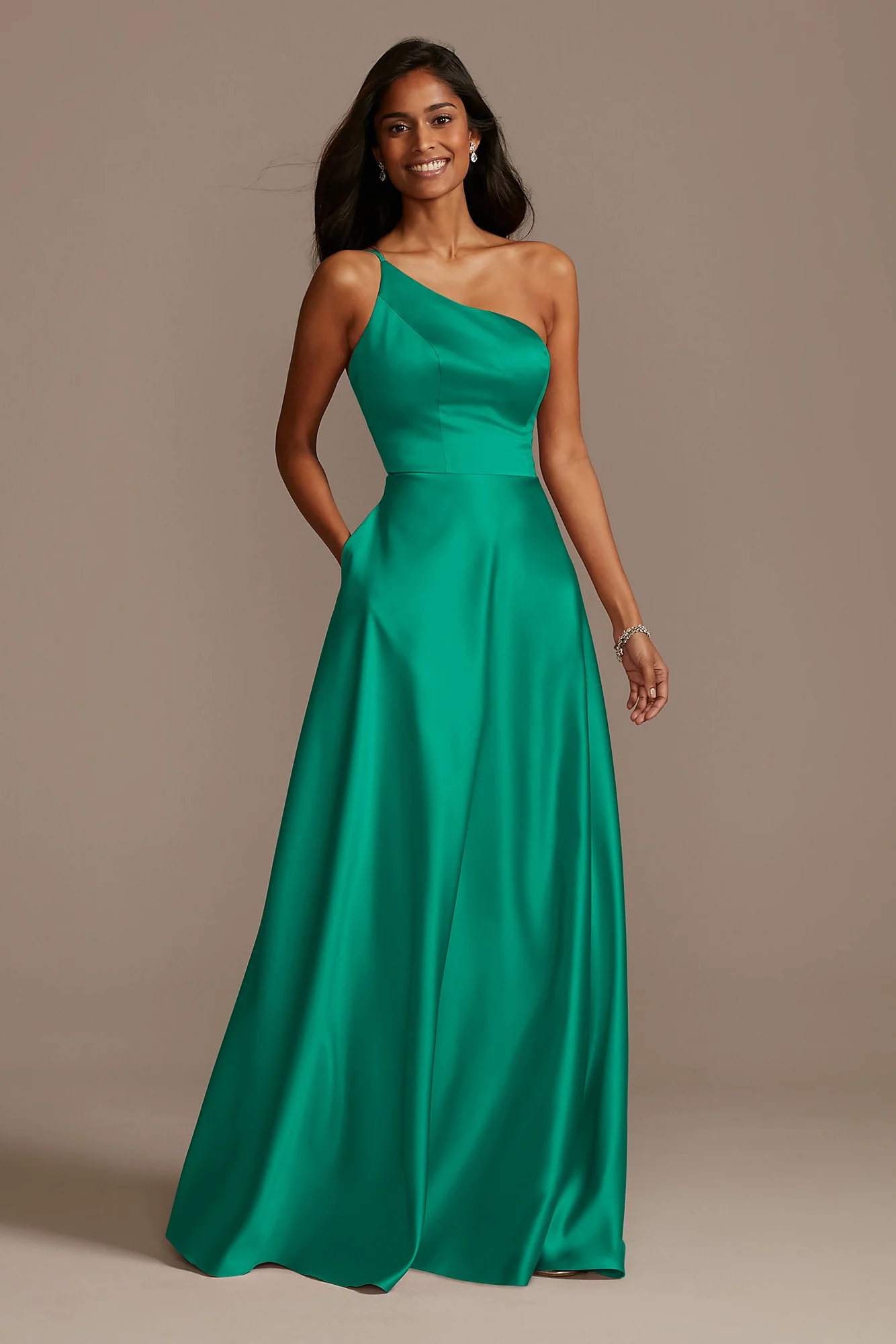 One Shoulder Satin A-Line Long Dress - Image 62