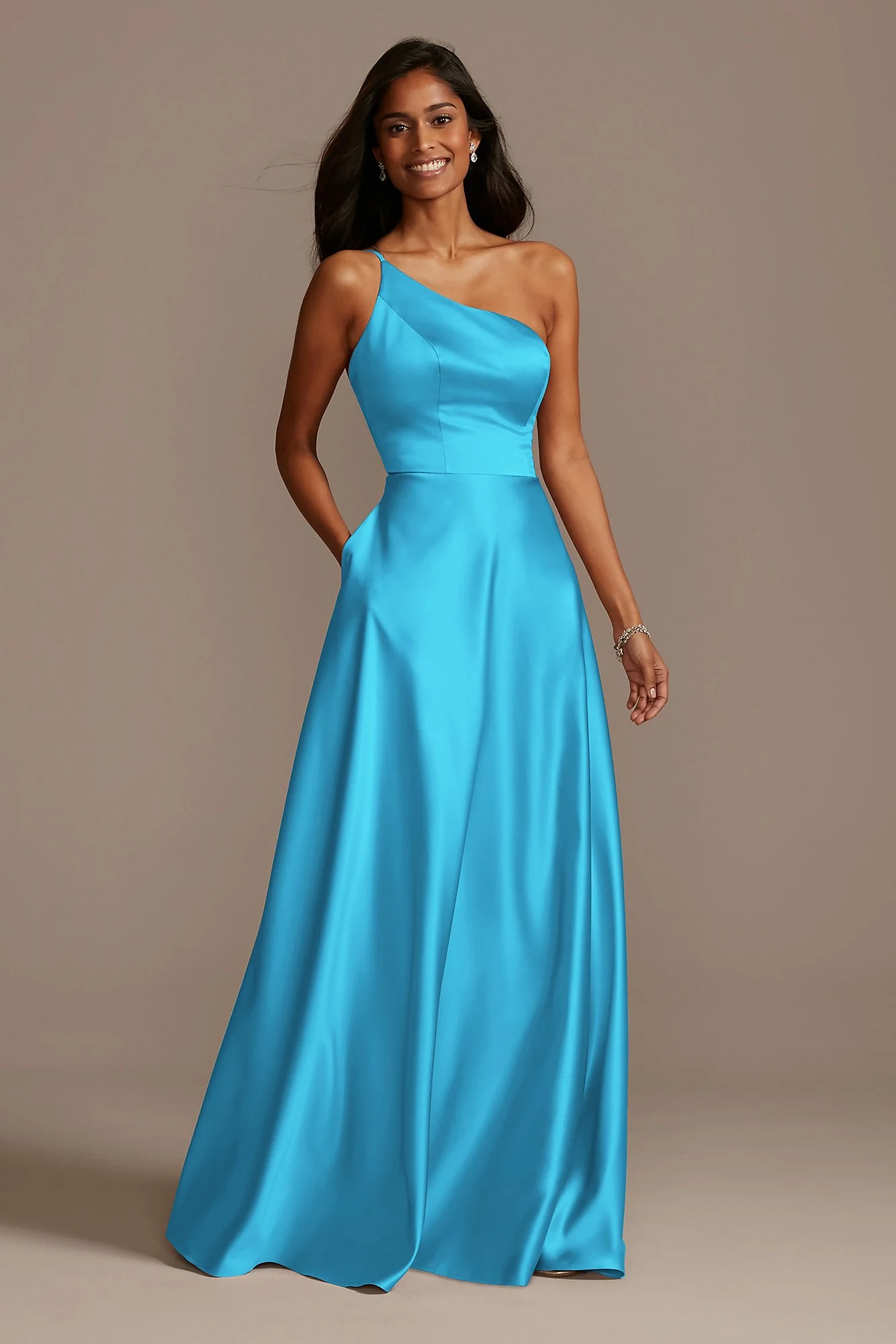 One Shoulder Satin A-Line Long Dress - Image 67