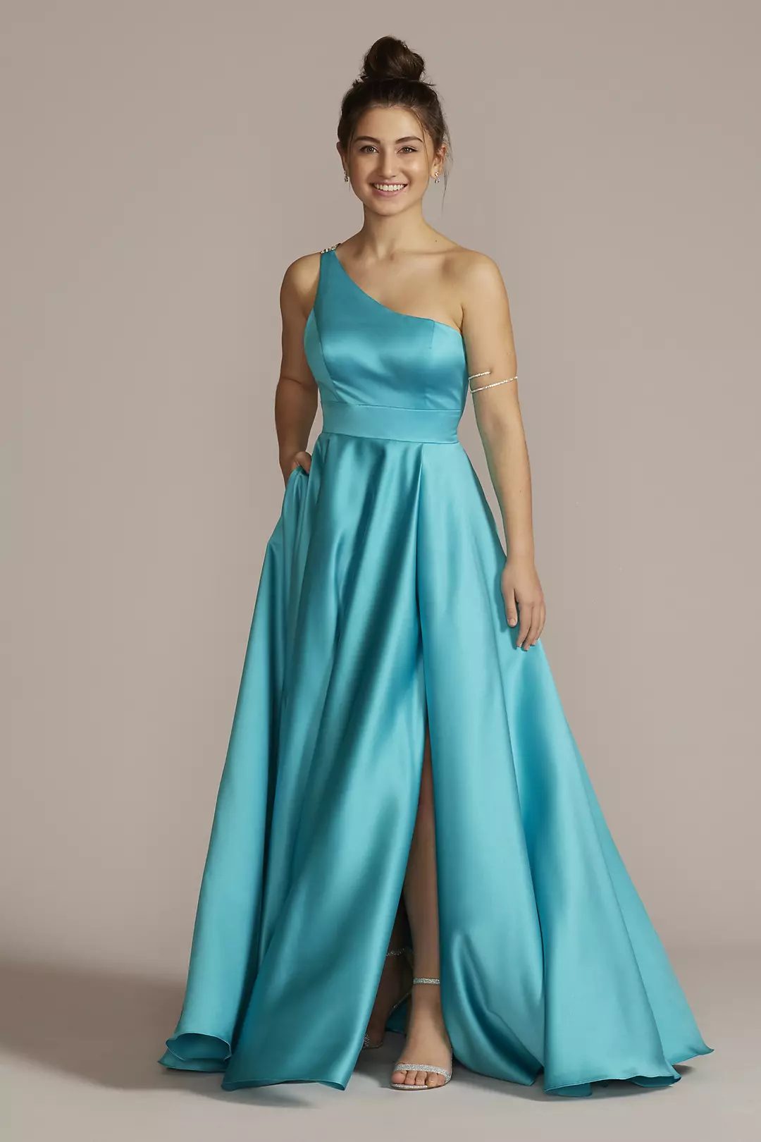 One-Shoulder Satin A-Line with Skirt Slit - Image 19