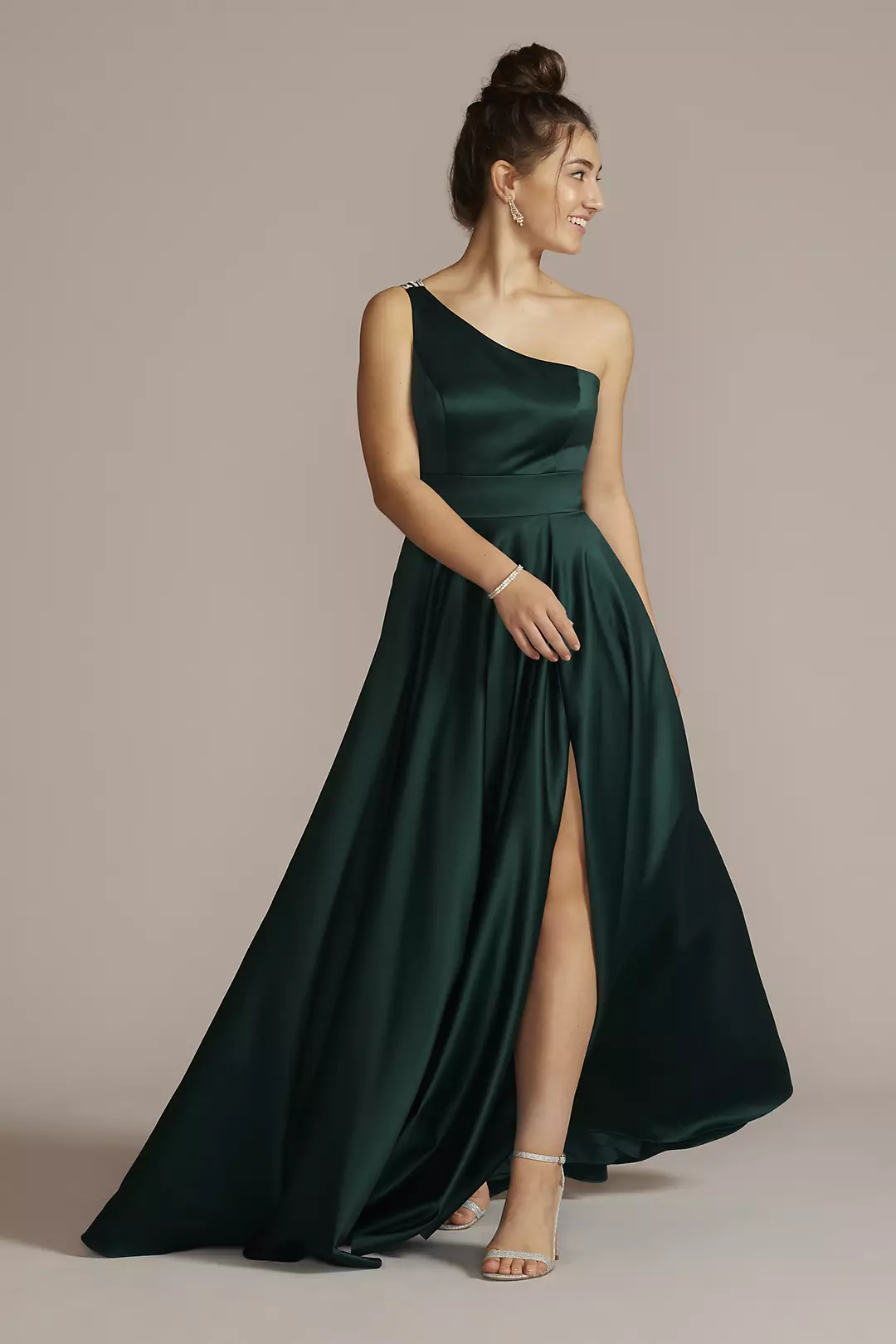 One-Shoulder Satin A-Line with Skirt Slit - Image 54