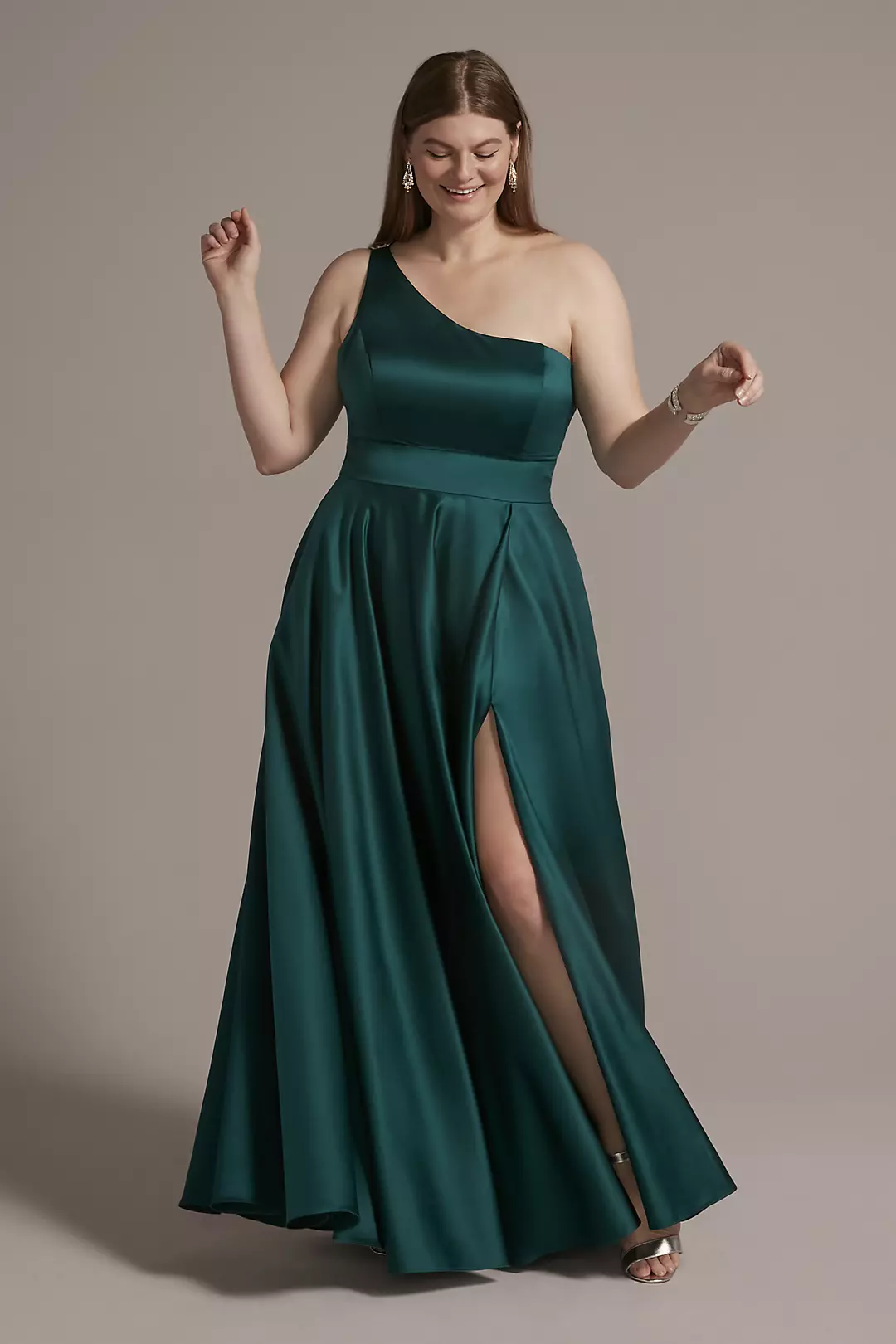 One-Shoulder Satin A-Line with Skirt Slit - Image 56
