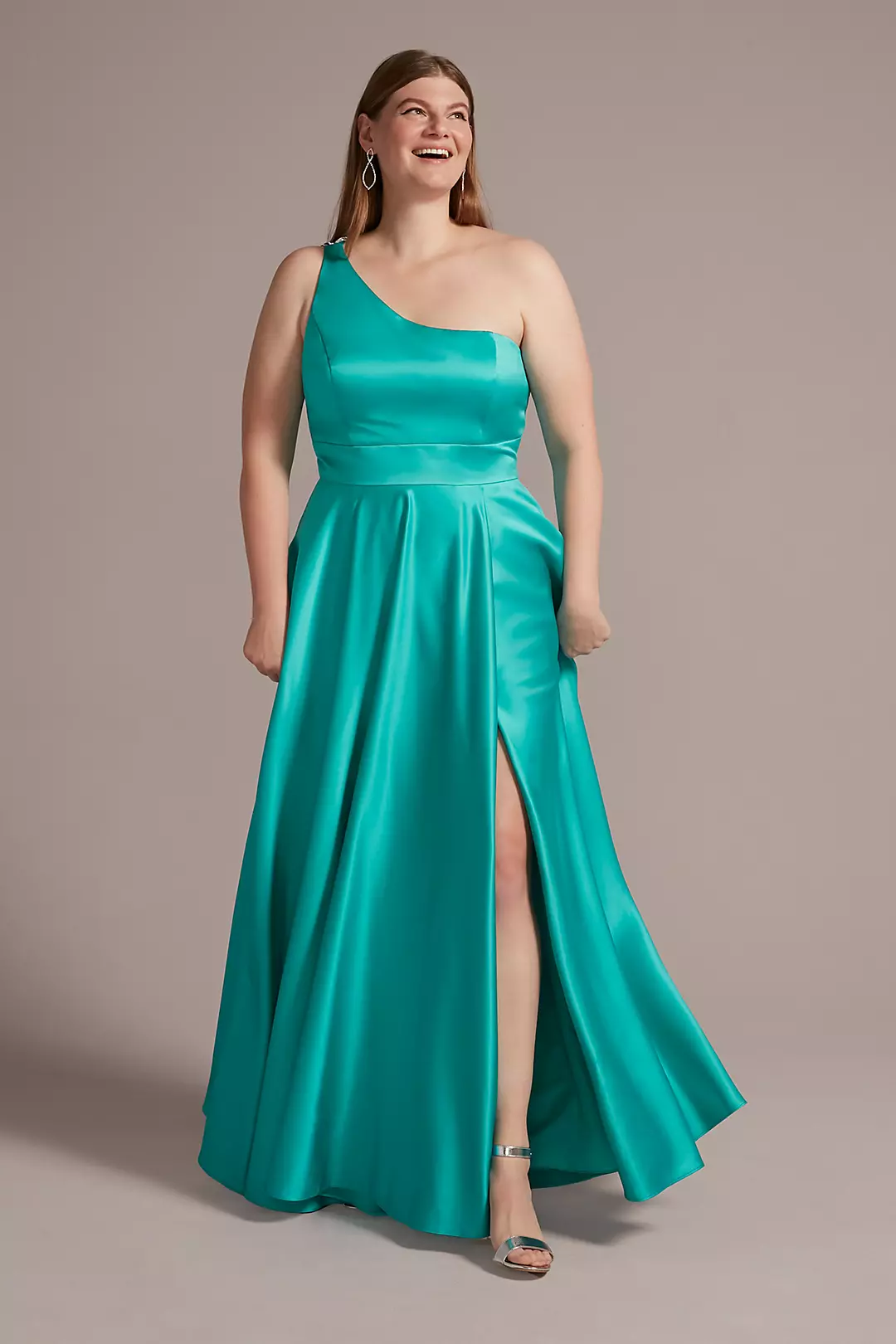 One-Shoulder Satin A-Line with Skirt Slit - Image 60