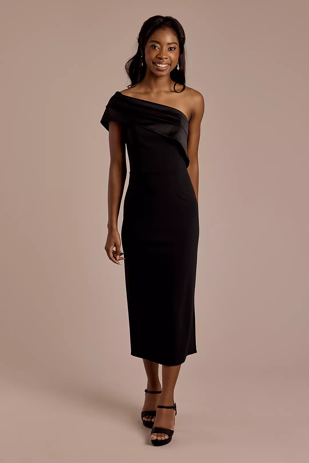 One-Shoulder Satin and Crepe Midi Sheath Dress - Image 2