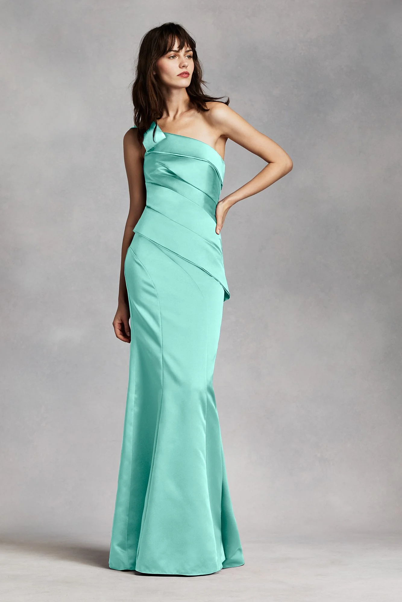 One Shoulder Satin Dress with Asymmetrical Skirt - Image 22