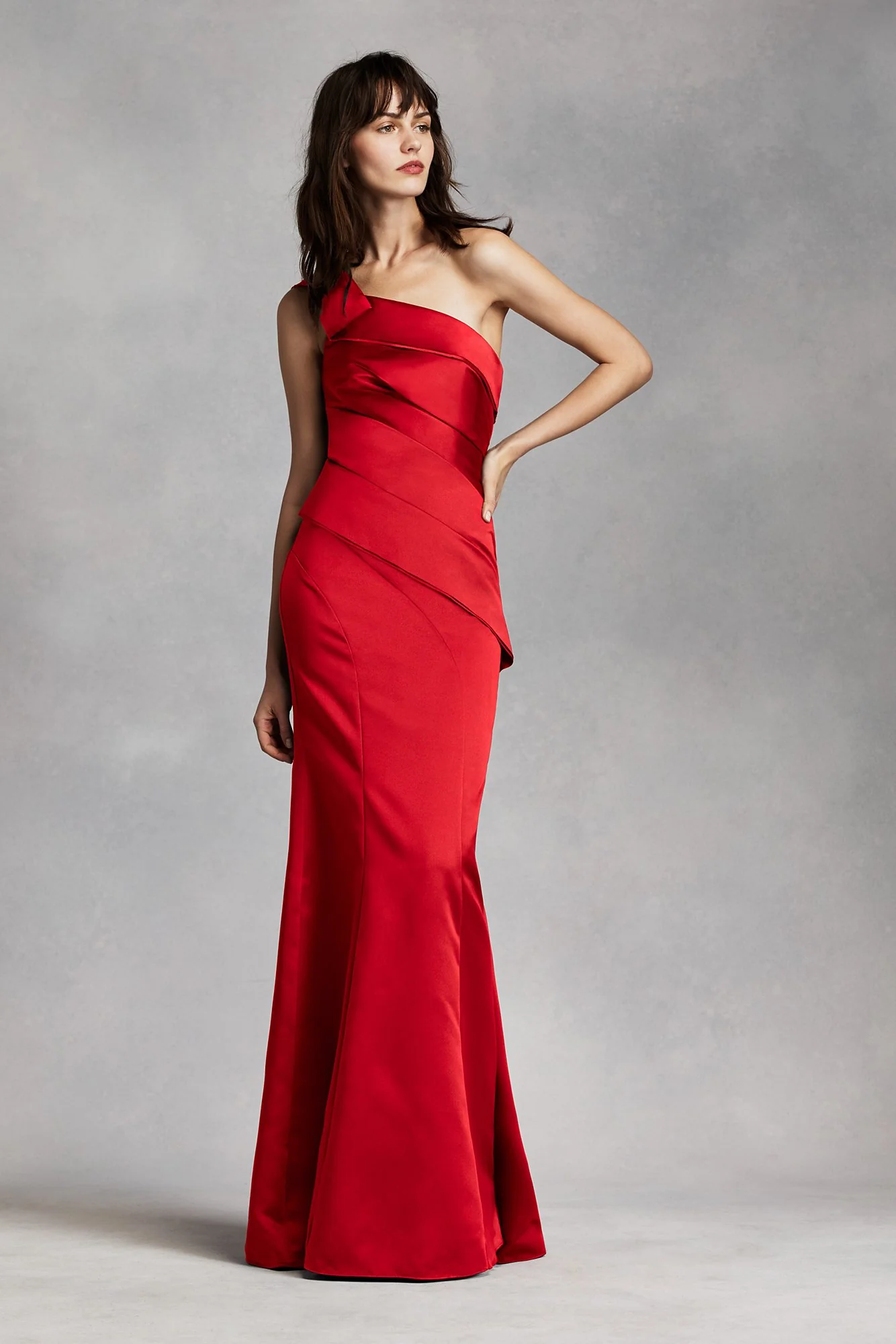 One Shoulder Satin Dress with Asymmetrical Skirt - Image 3