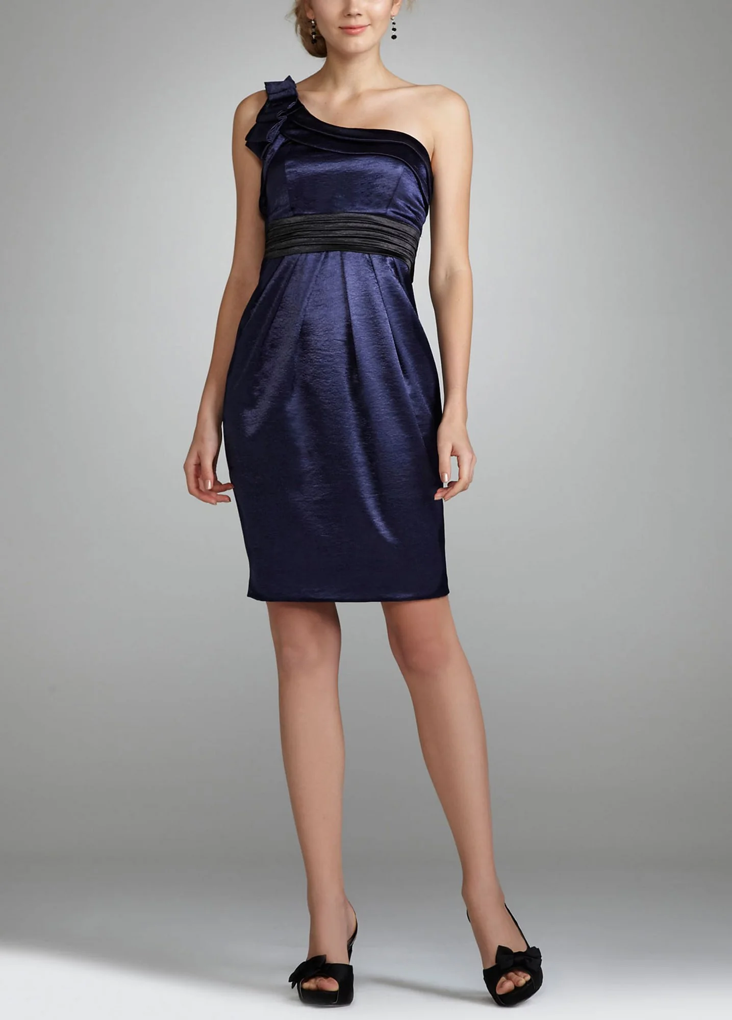 One Shoulder Satin Dress with Tie Back Waist