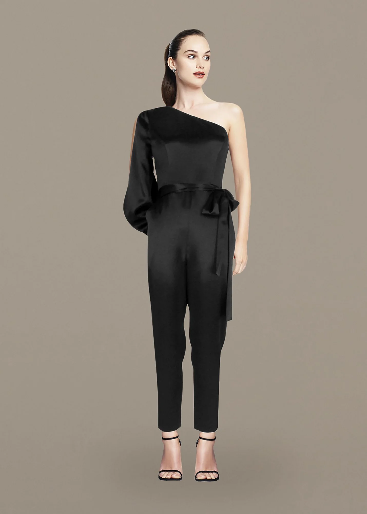 One-Shoulder Satin Jumpsuit with Tie Waist