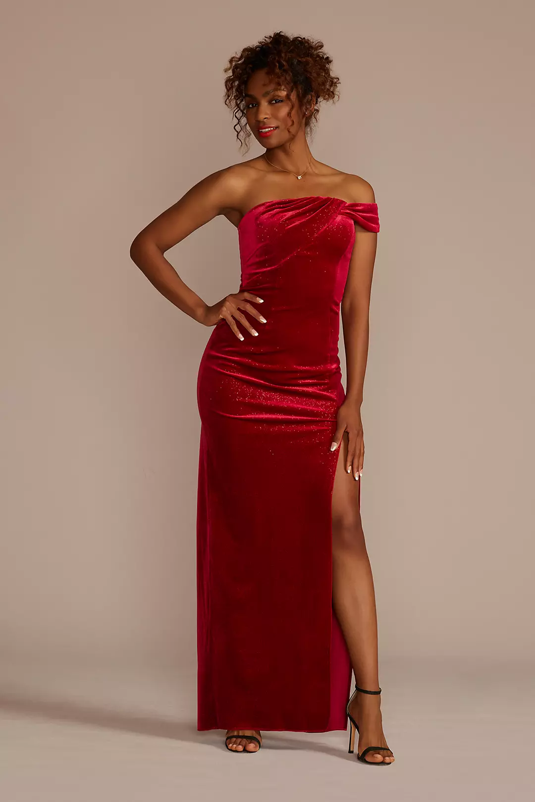 One-Shoulder Sparkle Velvet Sheath with Slit - Image 8