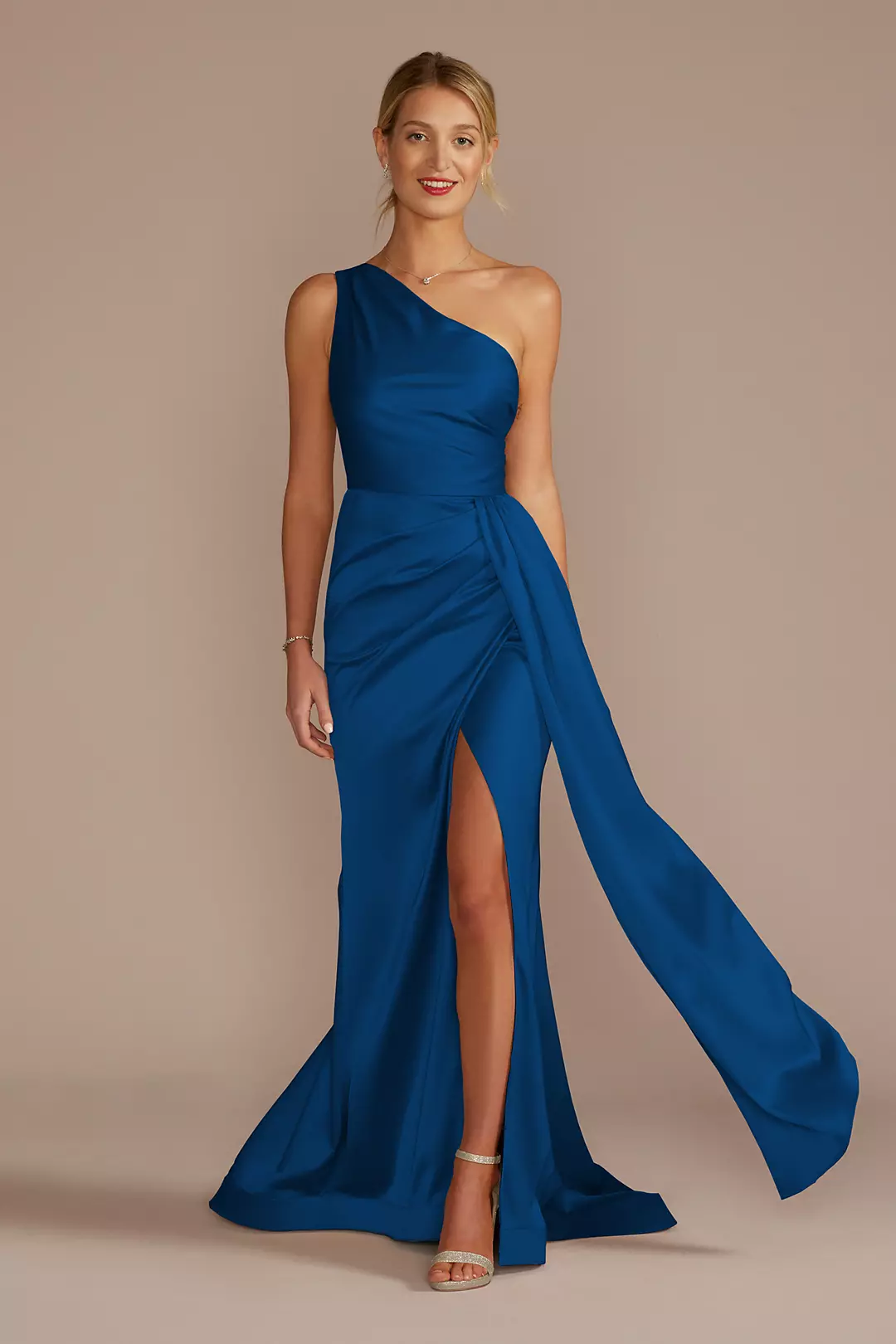 One-Shoulder Stretch Satin Dress - Image 26