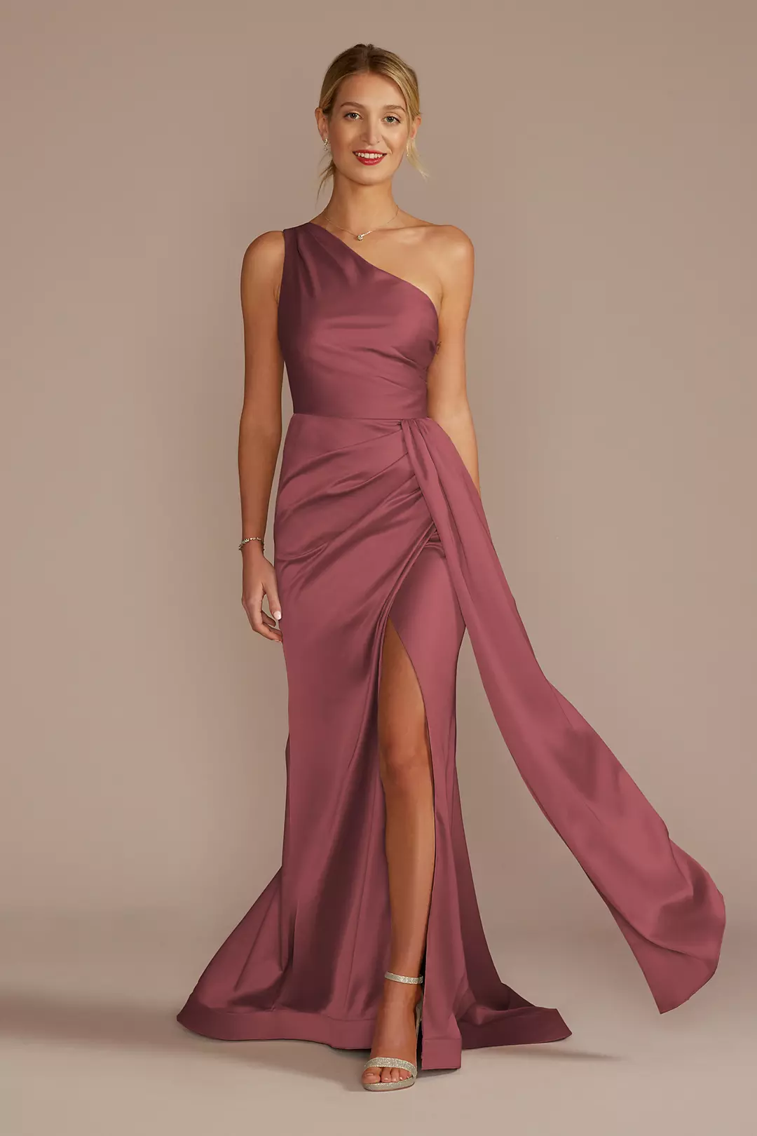 One-Shoulder Stretch Satin Dress - Image 29