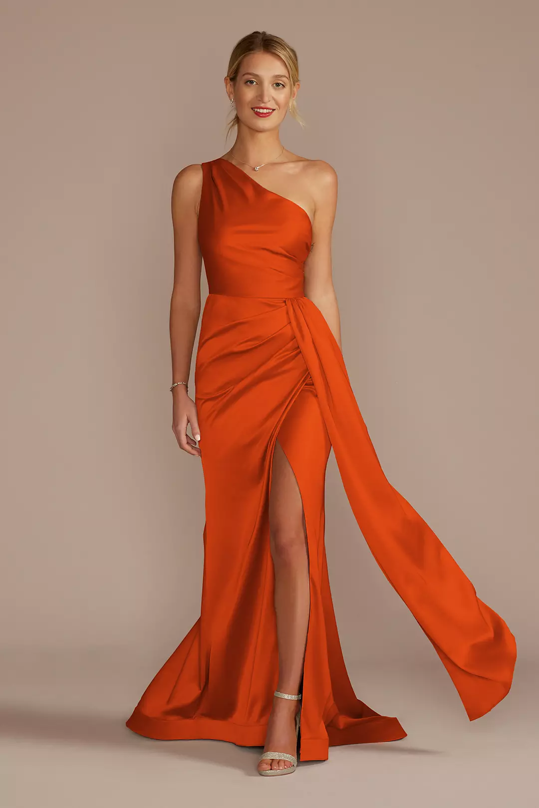 One-Shoulder Stretch Satin Dress - Image 38