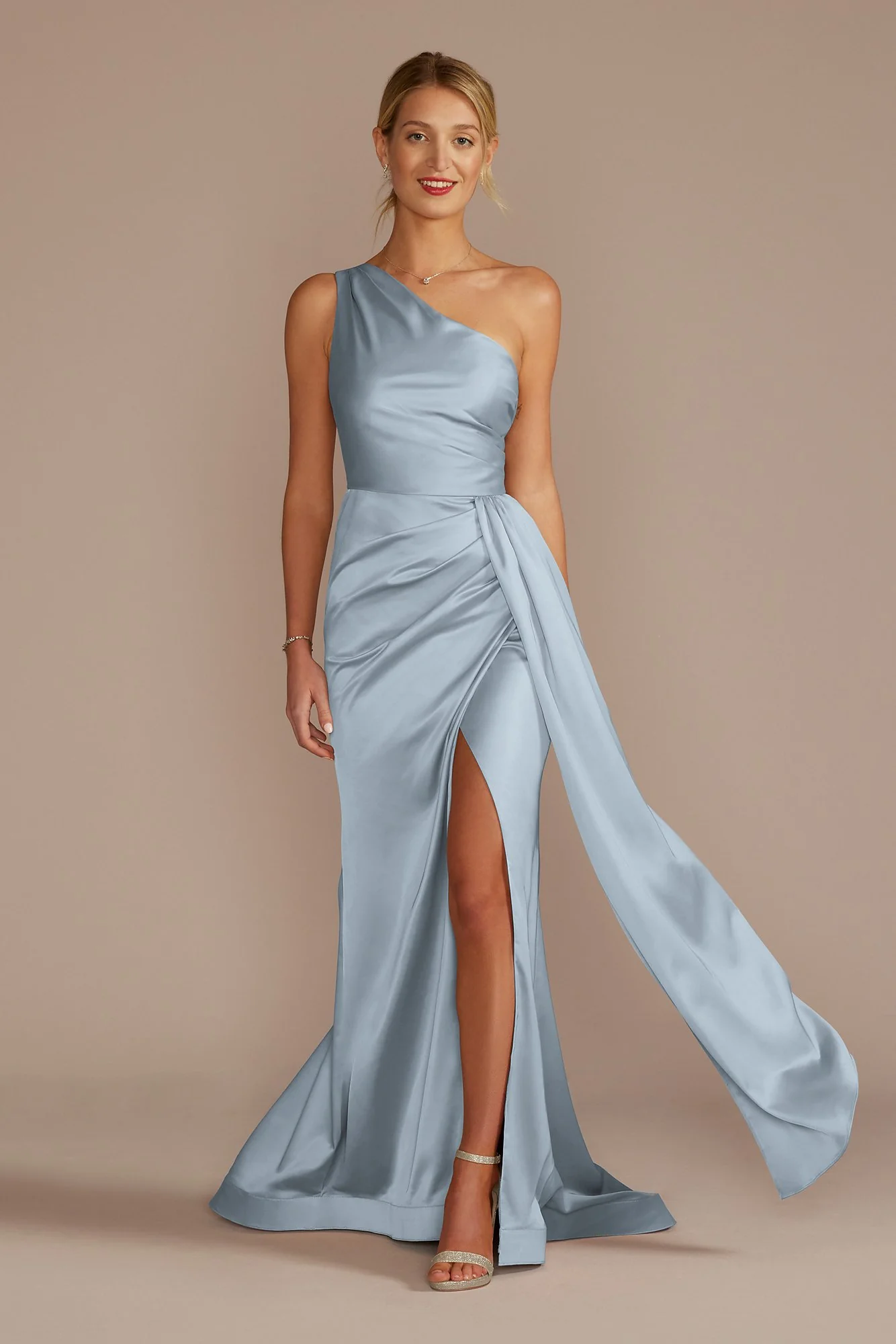 One-Shoulder Stretch Satin Dress - Image 6