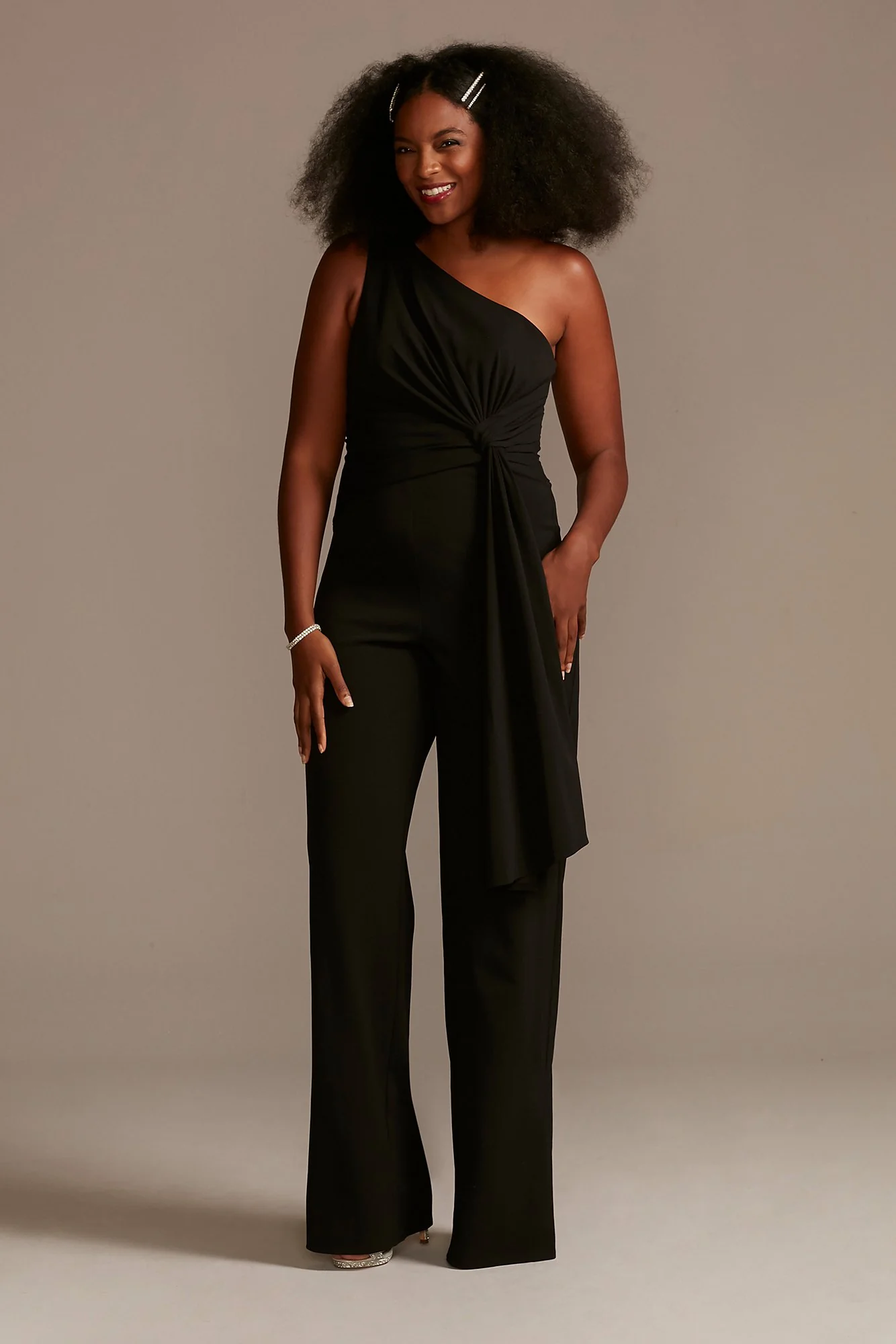 One Shoulder Tie Waist Crepe Jumpsuit - Image 2