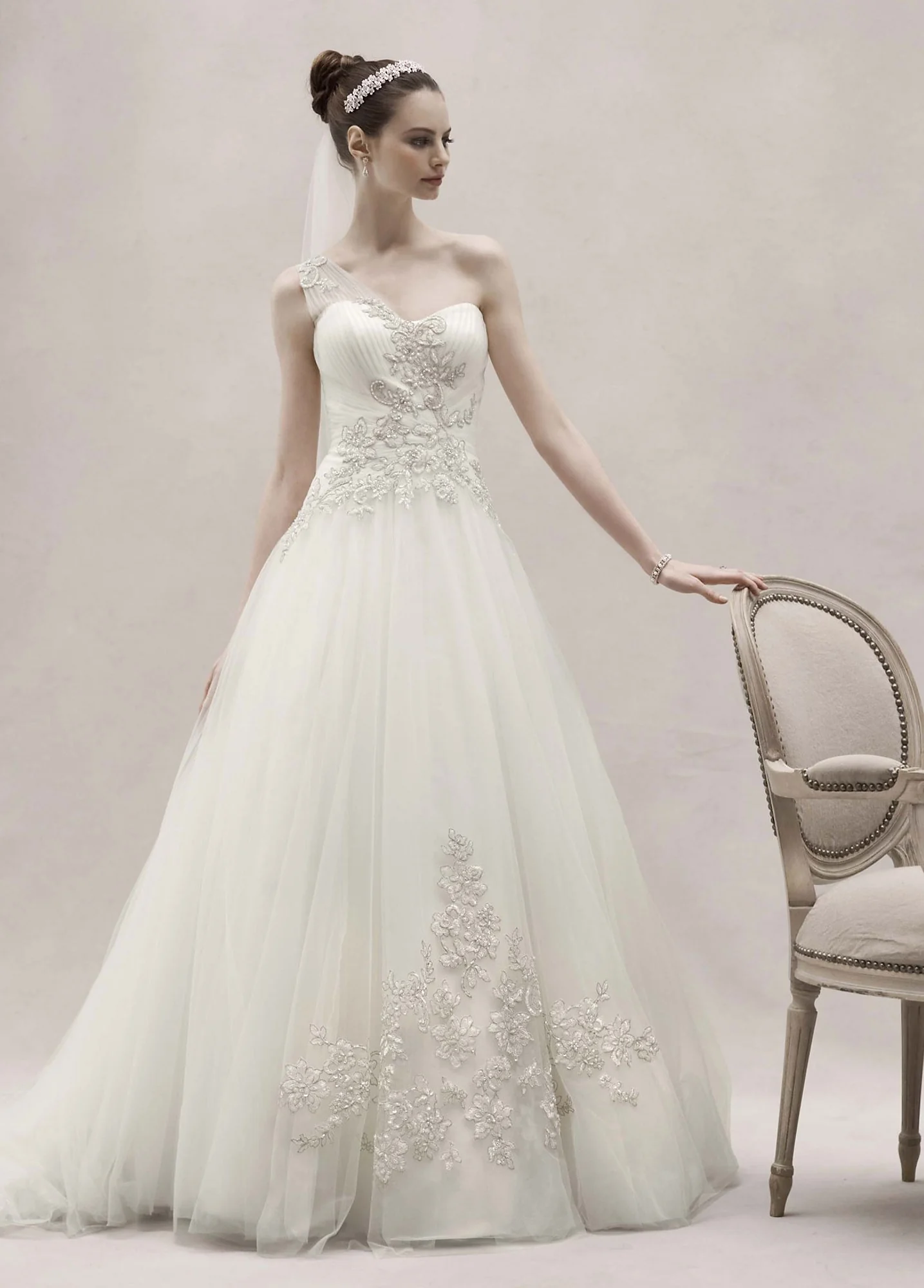 One Shoulder Tulle Ball Gown with Lace Appliques - Image 2