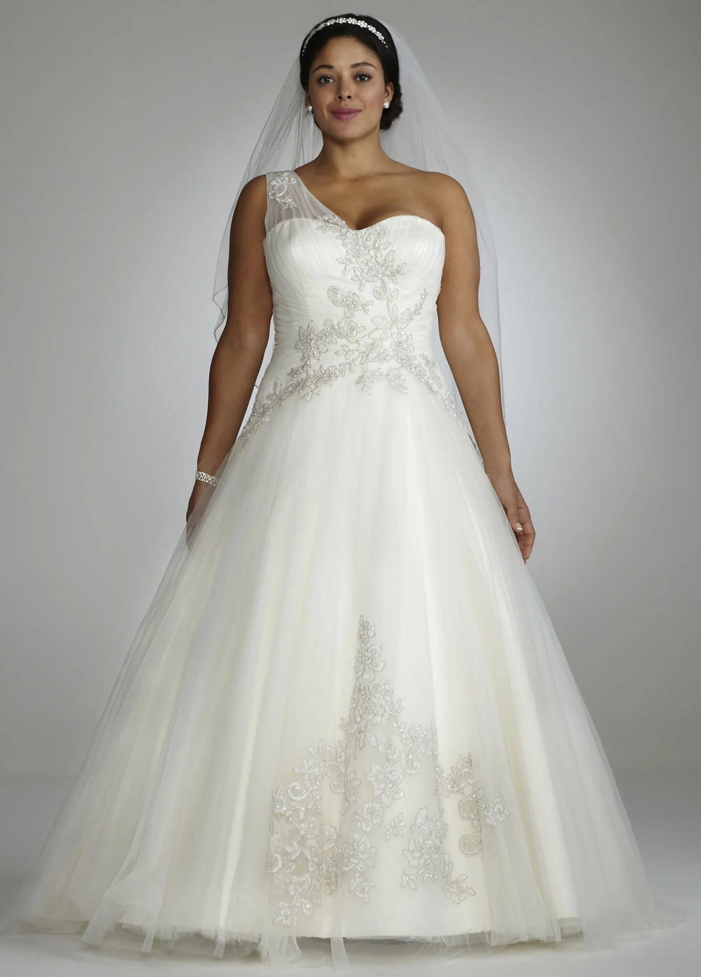 One Shoulder Tulle Ball Gown with Lace Appliques - Image 2