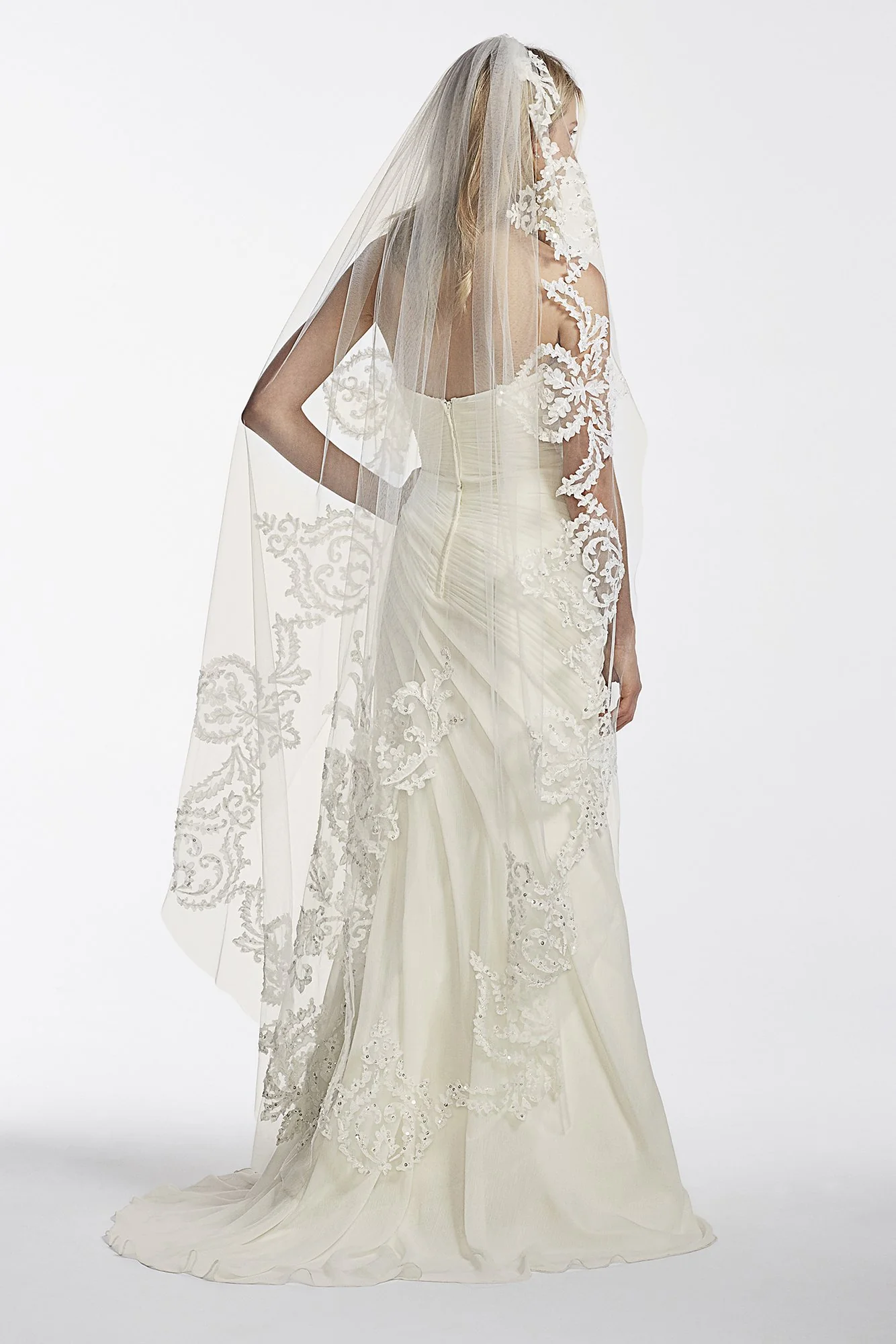 One Tier Mid Length Veil with Applique Scroll Work
