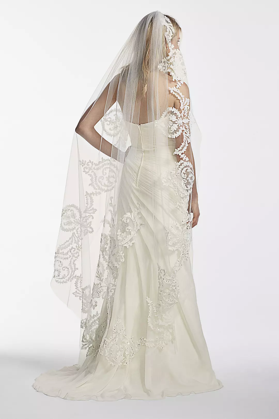 One Tier Mid Length Veil with Applique Scroll Work - Image 3