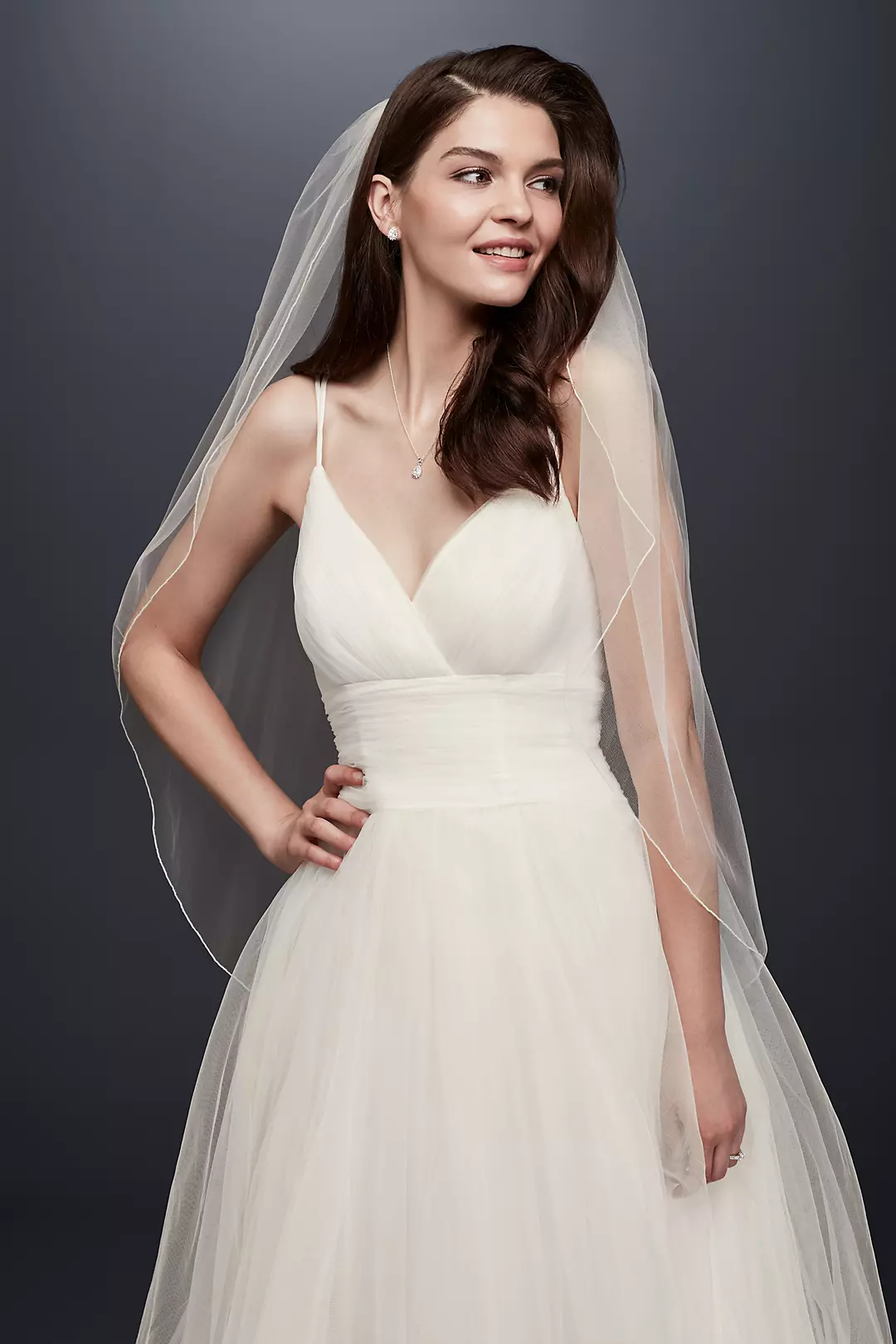 One Tier Tulle Fingertip Veil with Pencil Edge - Image 4