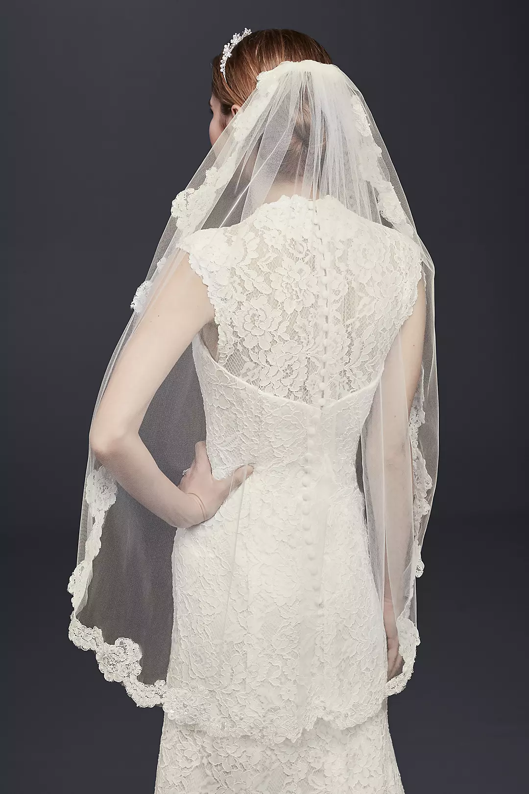 One Tier Veil with Pearl Embellished Alencon Lace - Image 2