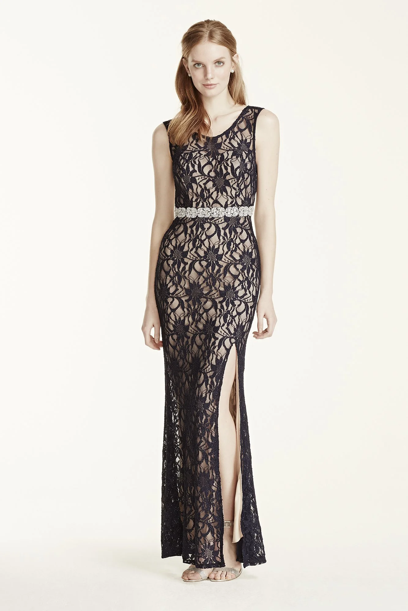 Open Back Lace Dress with Embellished Waist