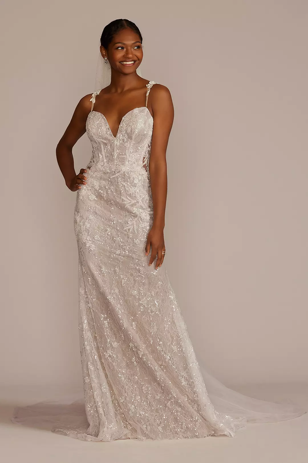 Open Back Sequin Wedding Gown with Lace Appliques - Image 4