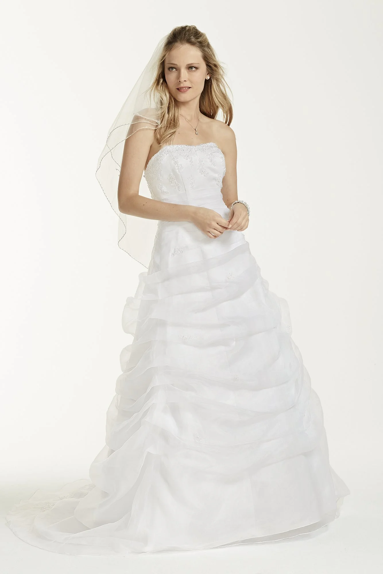 Organza Draped Wedding Dress with Beaded Lace