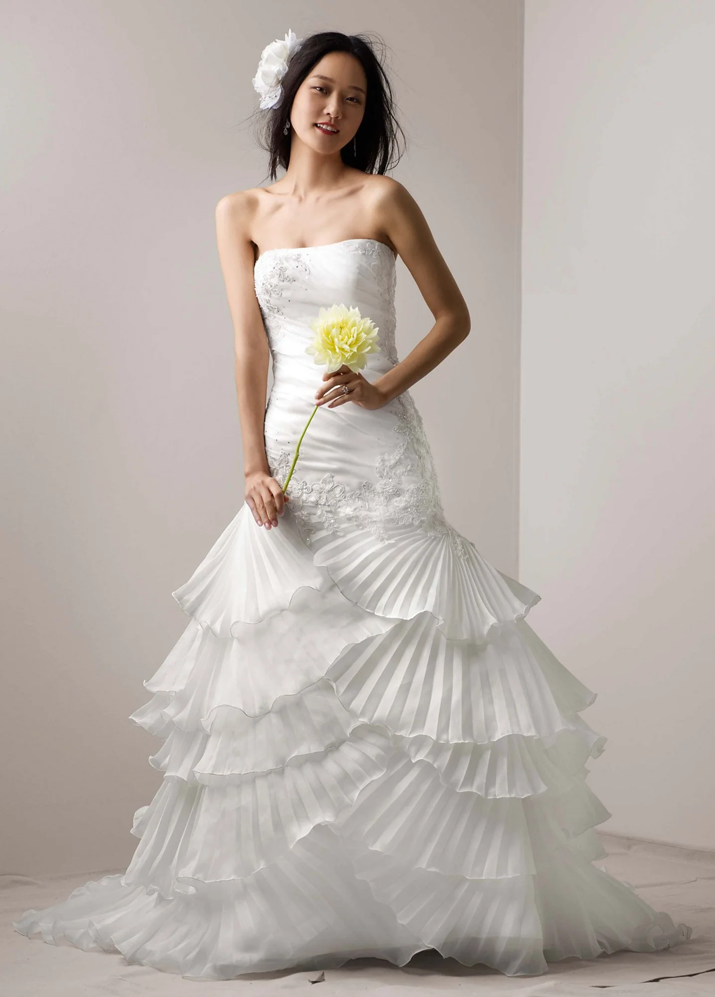 Organza Gown with Pleated Tier Skirt and Lace - Image 2
