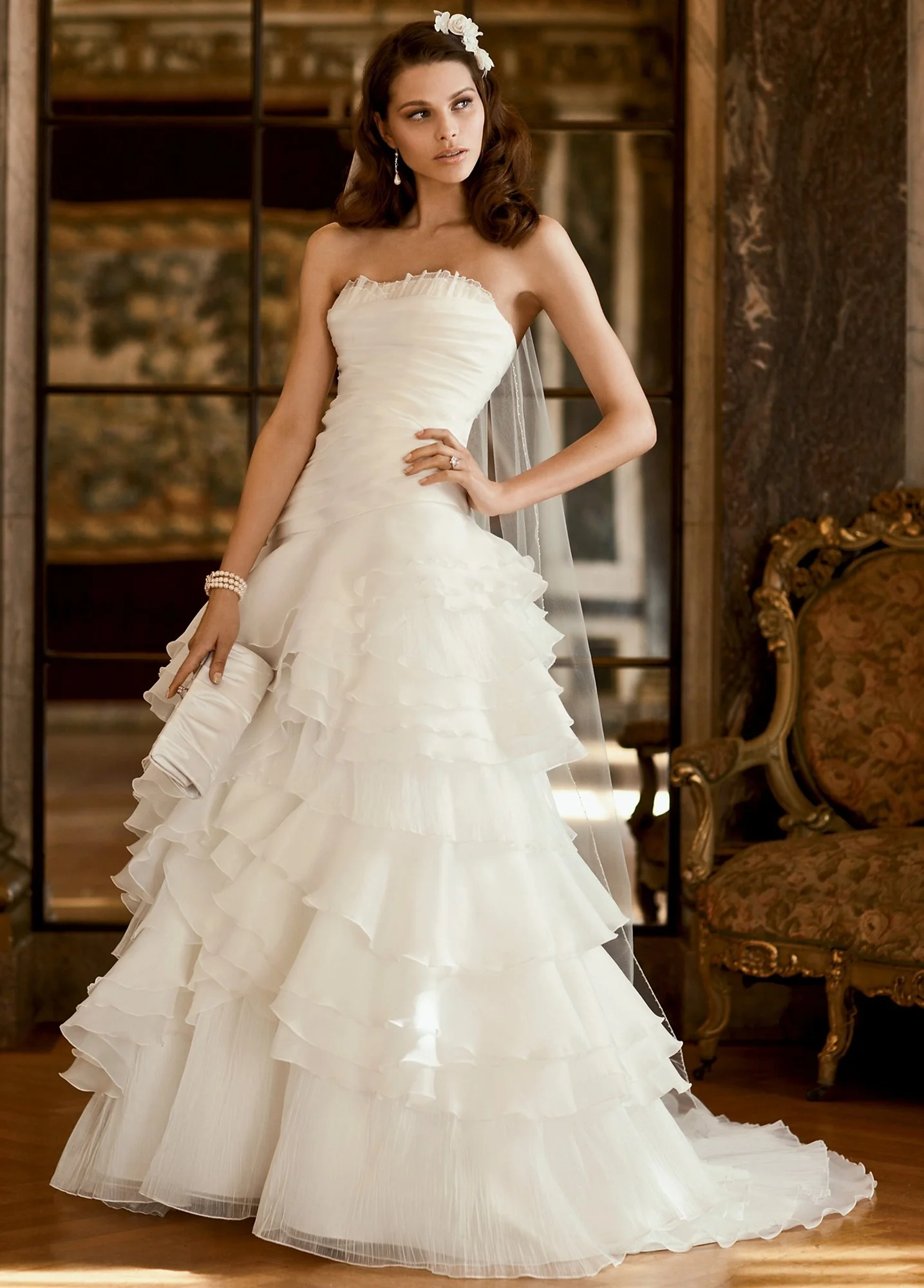 Organza Tiered Ball Gown with Asymmetrical Ruffles