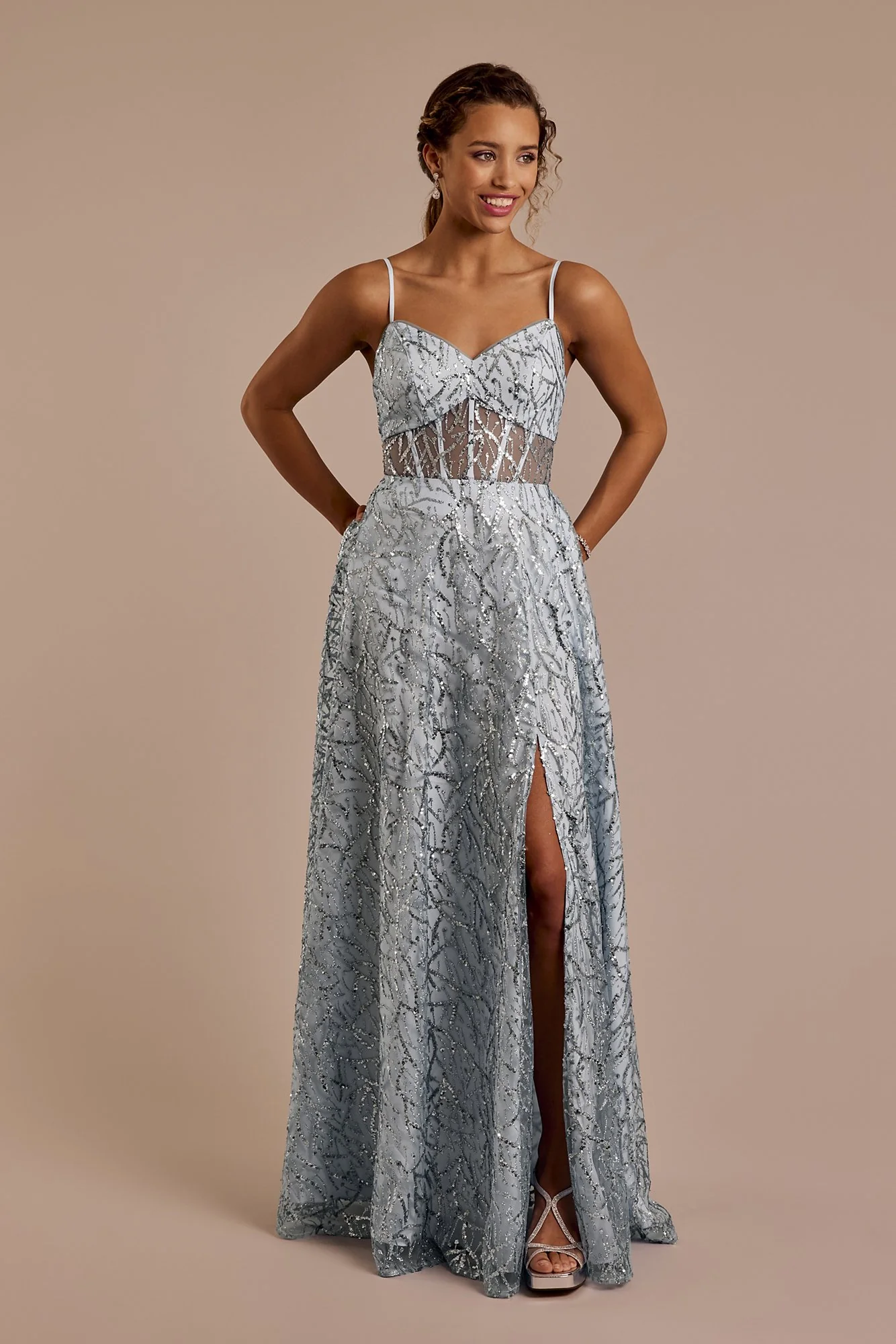 Patterned Glitter A-Line Dress with Sheer Corset