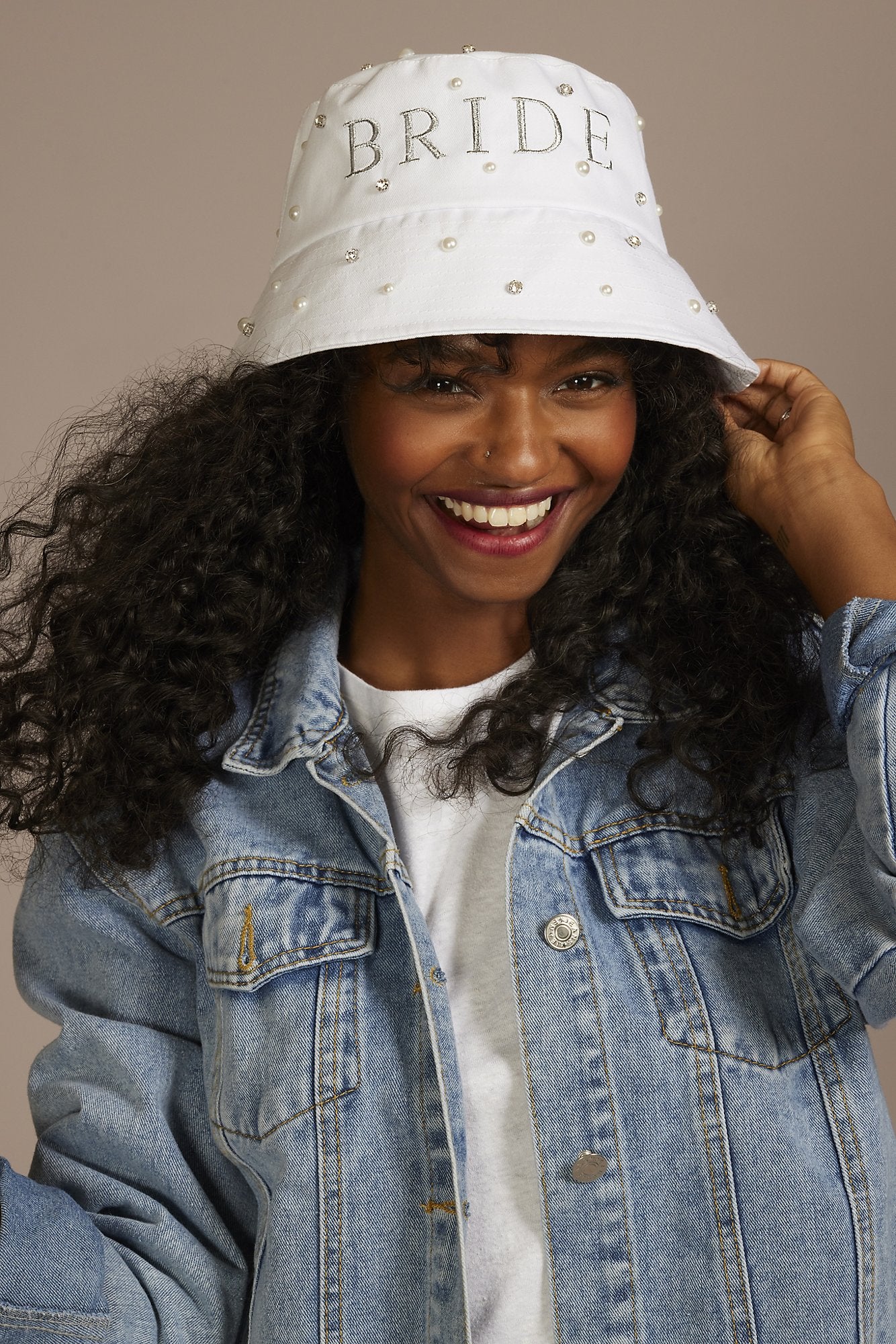 Pearl and Rhinestone Embellished Bride Bucket Hat - Image 2