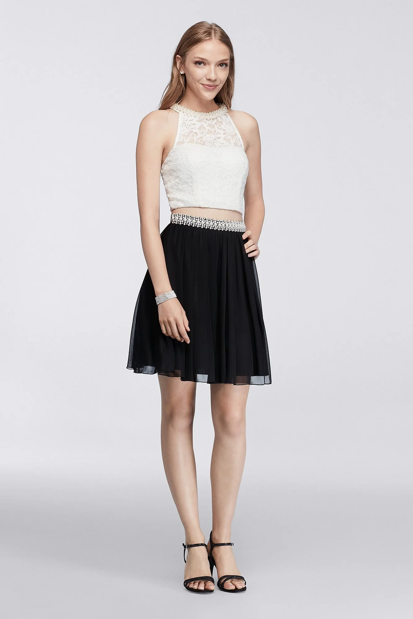 Pearl-Embellished Lace Crop Top and Chiffon Skirt - Image 2