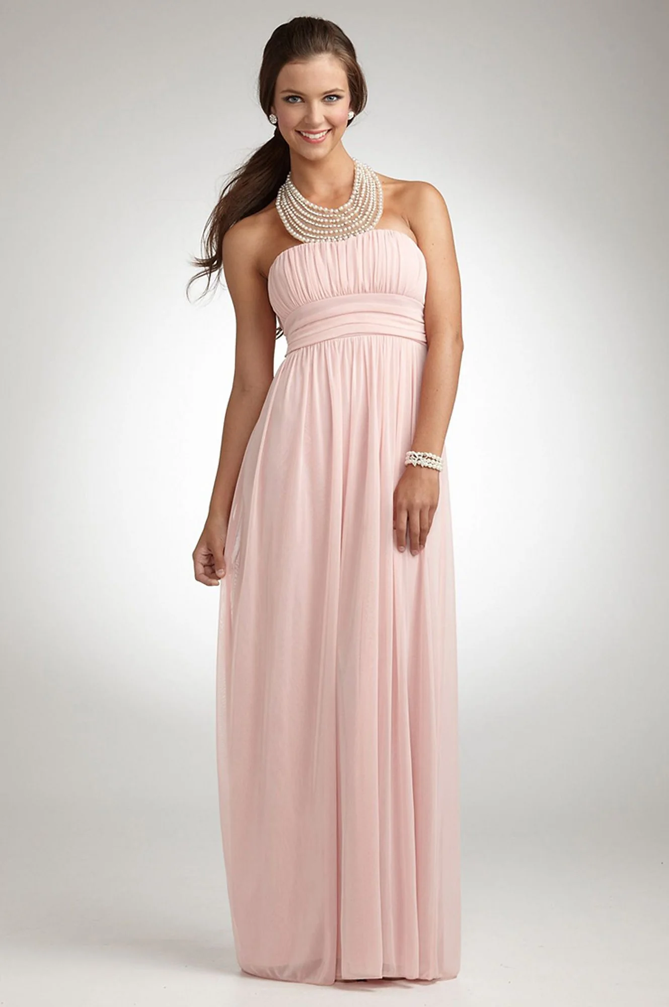 Pearl Jeweled Necklace Halter Mesh Gown - Image 2