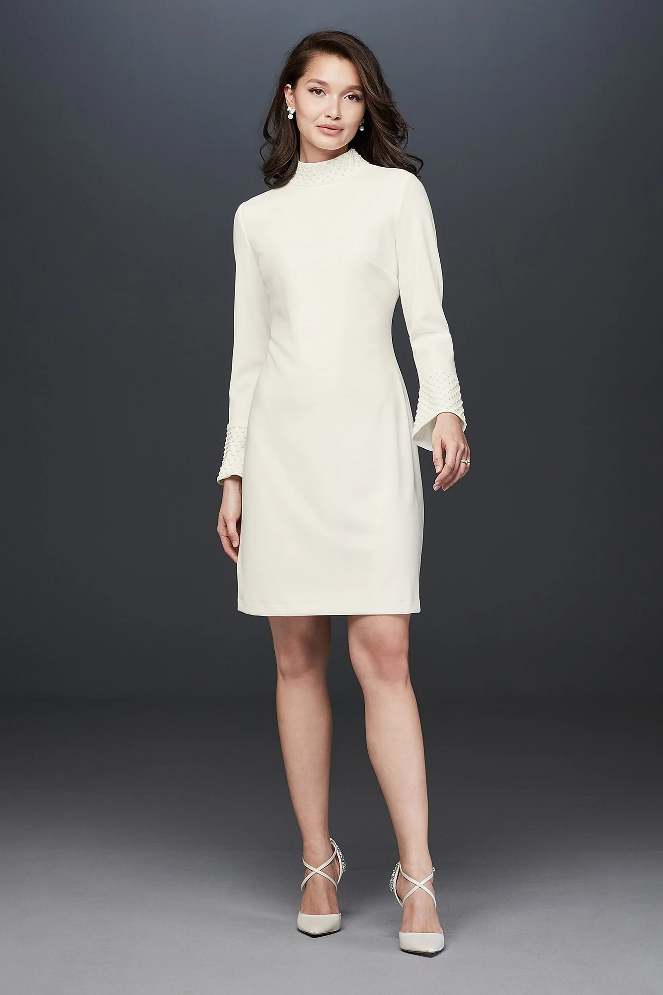 Pearl Mock-Neck Short Dress with Bell-Sleeves - Image 2