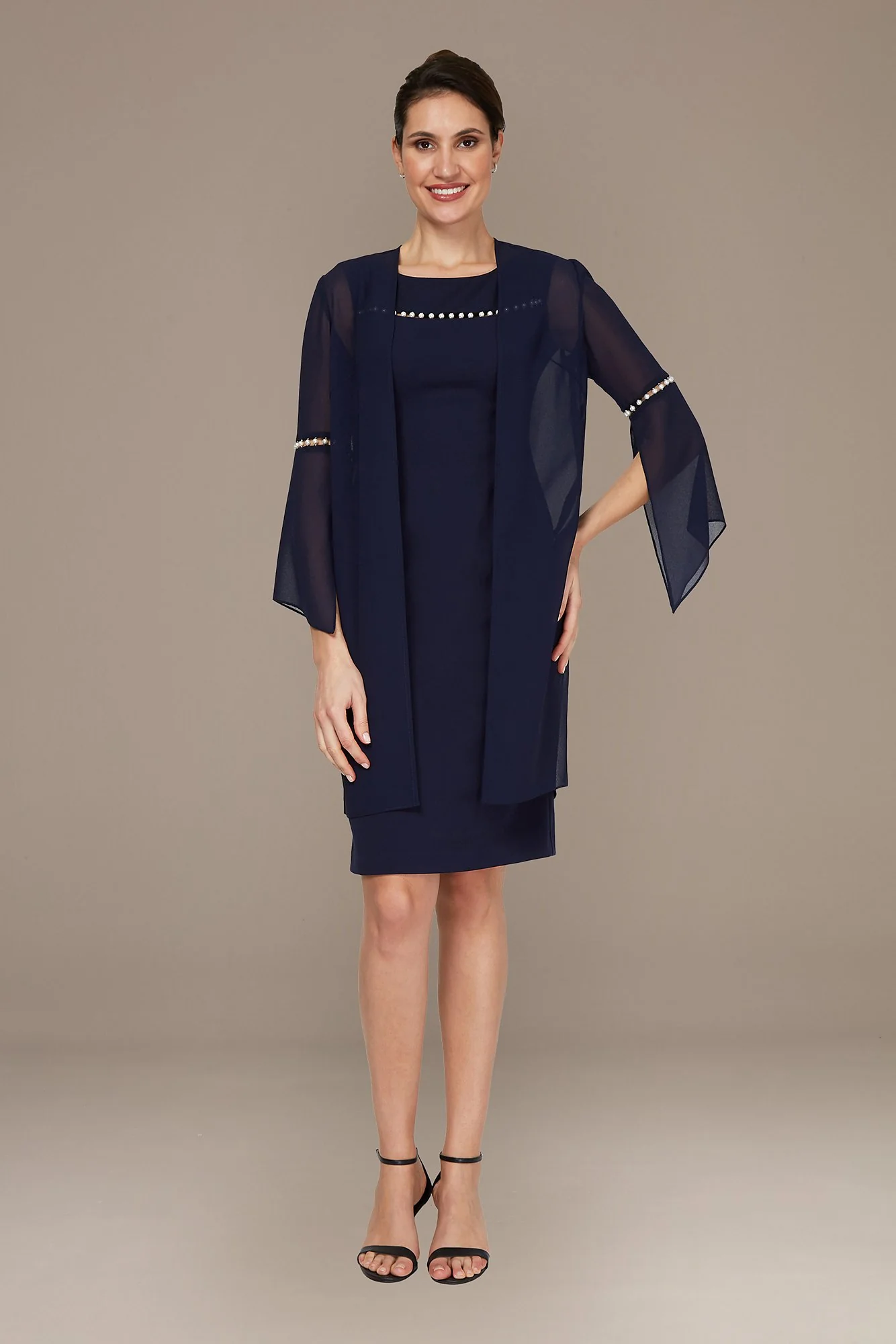 Pearl Trim Knee-Length Cocktail Dress with Jacket - Image 2