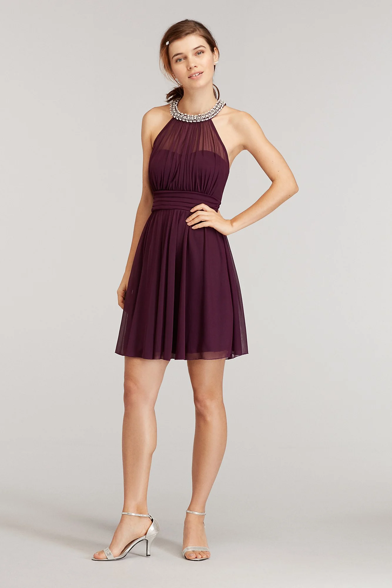 Pearl Trimed Halter Dress with Illusion Neckline - Image 2