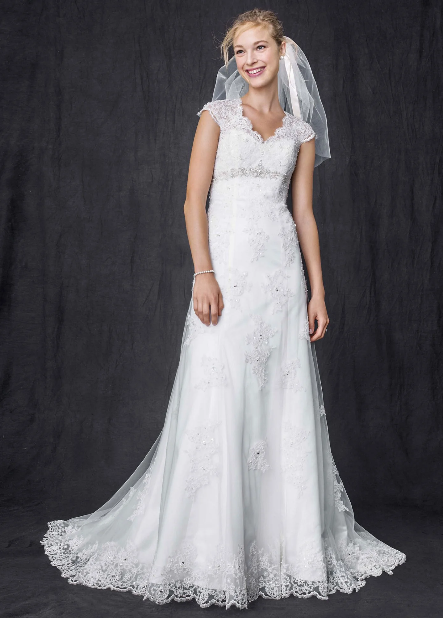 Petite Cap Sleeve Lace Over Satin Gown - Image 2