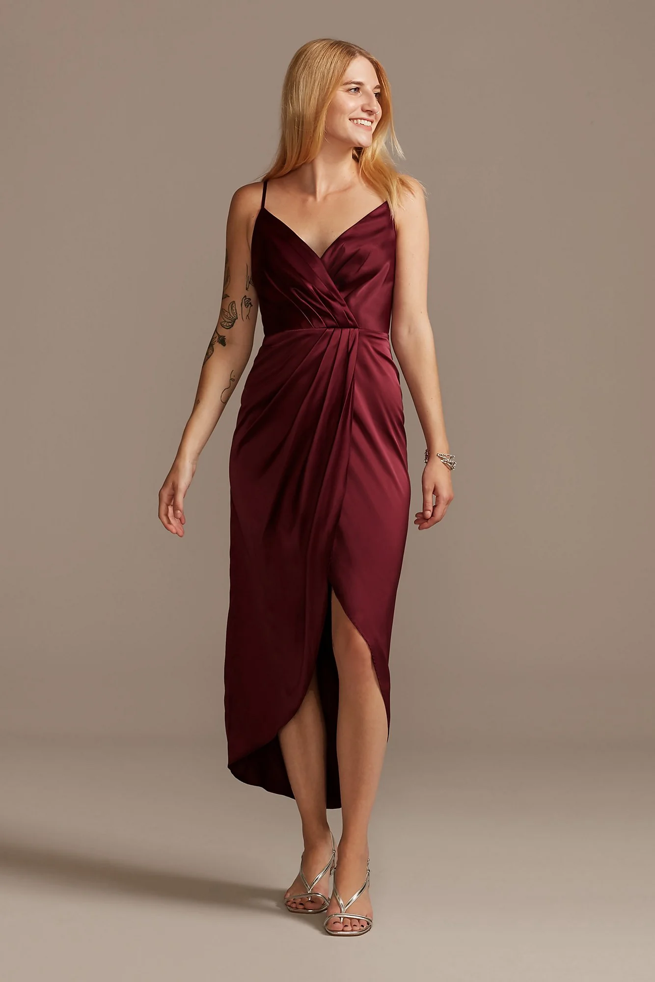 Pleated Bodice Spaghetti Strap Satin Tulip Dress